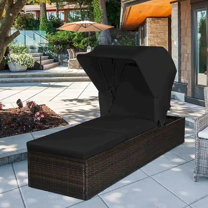 Costway Lot de 2 chaises longues de jardin en rotin avec coussin et auvent - Voir détails