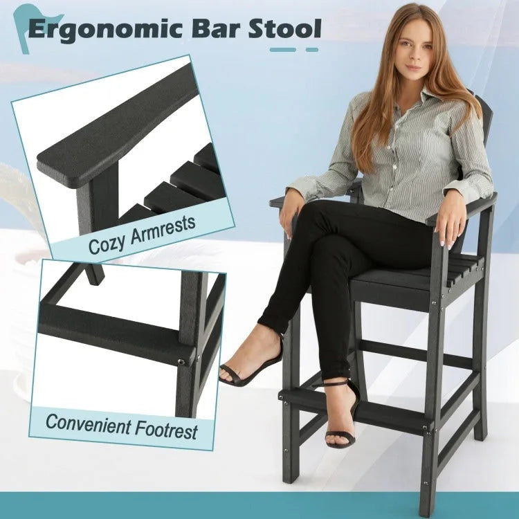 Tabouret de bar d'extérieur en PEHD, hauteur comptoir 76 cm, avec accoudoirs et repose-pieds - 68,5 x 58,5 x 132 cm
