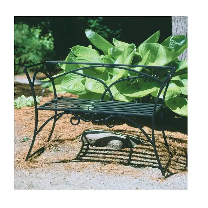 Banc d'arc en fer forgé incurvé Achla Designs avec dossier, 67,3 cm de haut, finition thermolaquée noire
