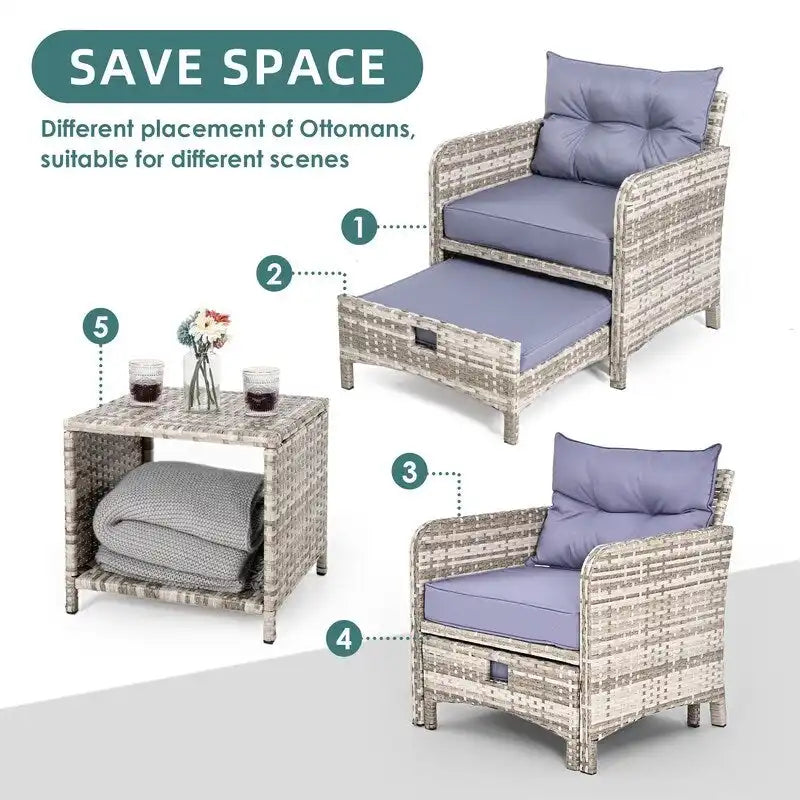 Ensemble de conversation de patio en osier 5 pièces Pamapic avec poufs
