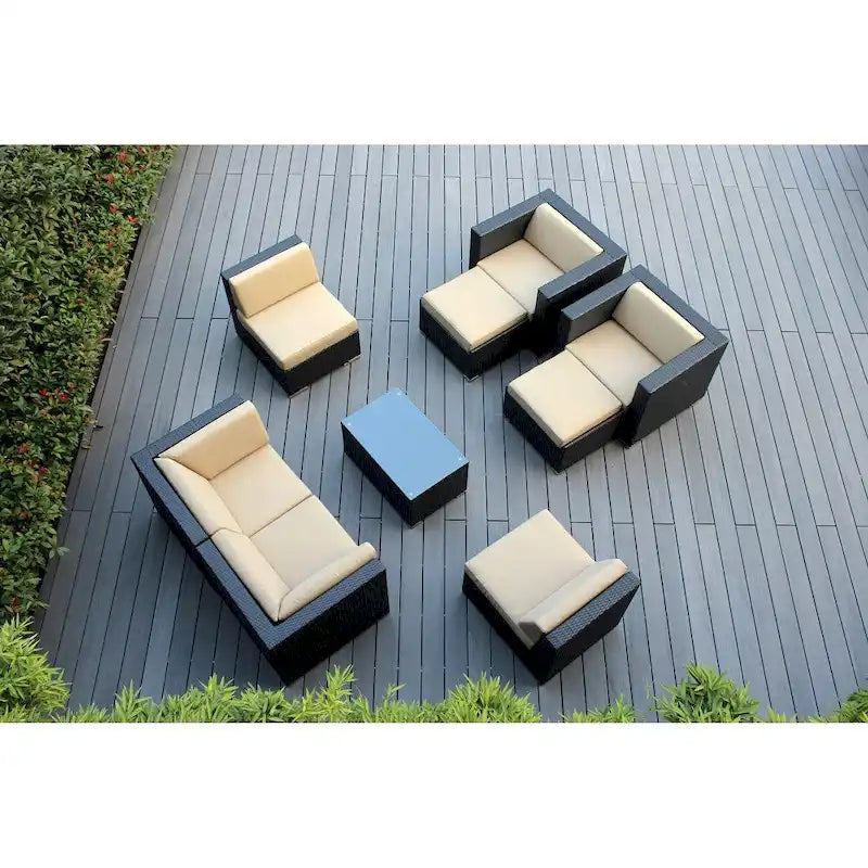 Salon de jardin Ohana 9 pièces en osier noir avec coussins - Aucun assemblage requis