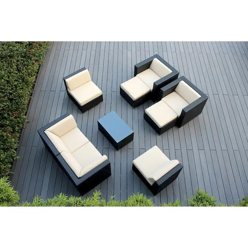 Salon de jardin Ohana 9 pièces en osier noir avec coussins - Aucun assemblage requis
