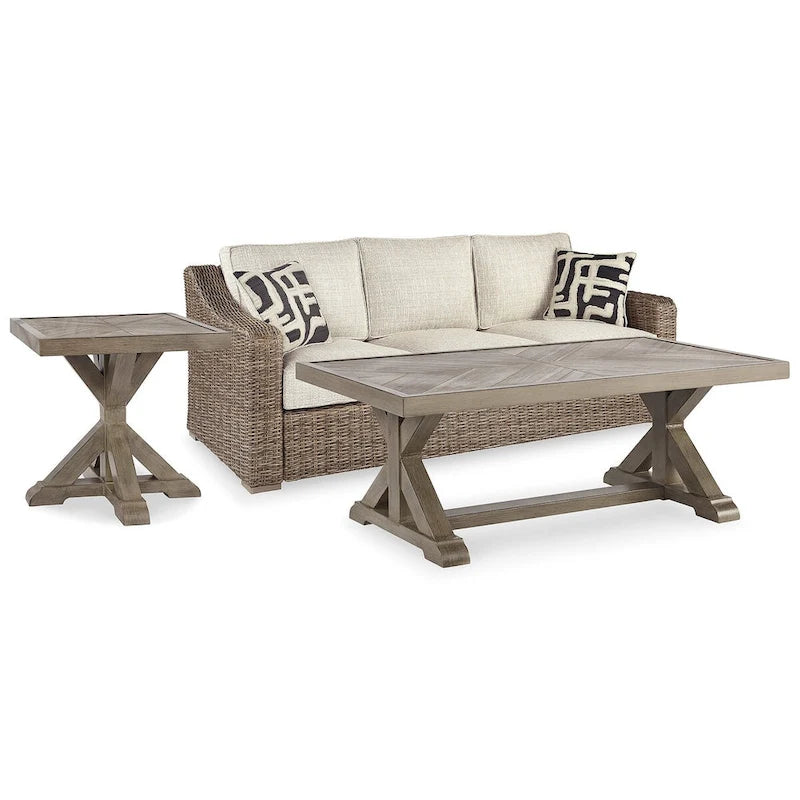Canapé Ashley Beachcroft Nuvella marron/beige avec table basse et table d'appoint - 83 larg. x 37 prof. x 36 haut.