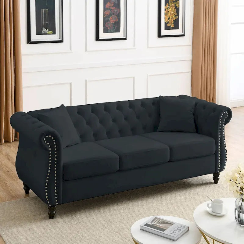 Canapé Chesterfield Velours Noir pour Salon