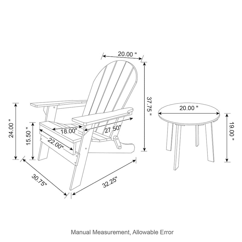 Ensemble de 3 chaises Adirondack pliantes en PEHD et table d'appoint Elm Plus pour patio extérieur