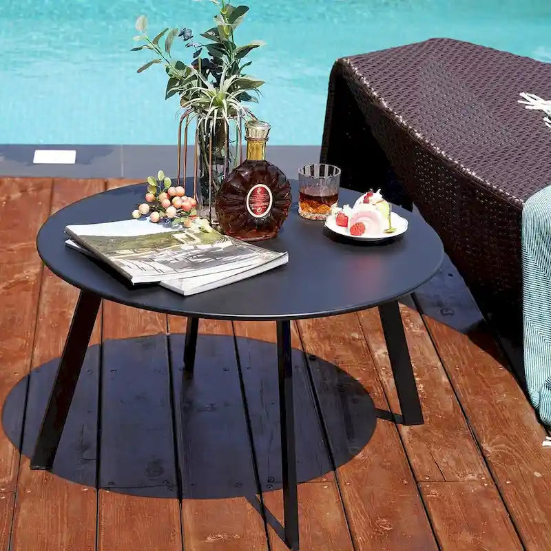 Table d'appoint ronde noire en acier pour l'extérieur, table d'appoint résistante aux intempéries pour jardin, balcon, cour