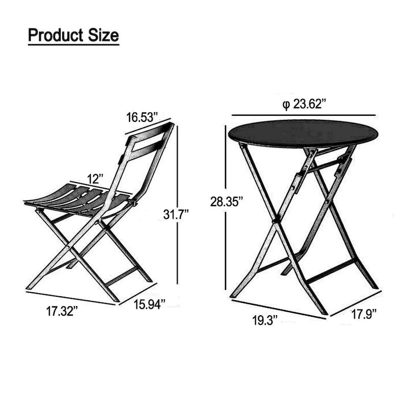 Ensemble de bistro 3 pièces avec table ronde et chaises pliantes – 31,7 H x 17,32 L x 16,53 P