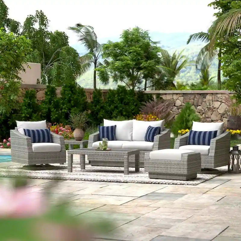 Ensemble de 6 pièces de patio extérieur Cannes Sunbrella : Causeuse et fauteuils club à bascule