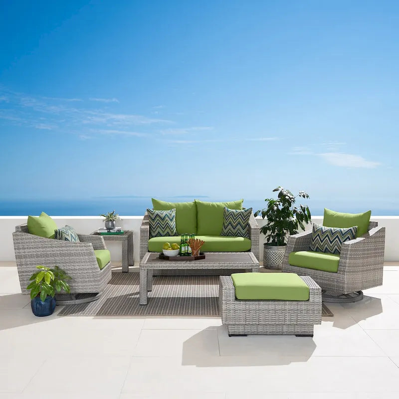 Ensemble de 6 pièces de patio extérieur Cannes Sunbrella : Causeuse et fauteuils club à bascule