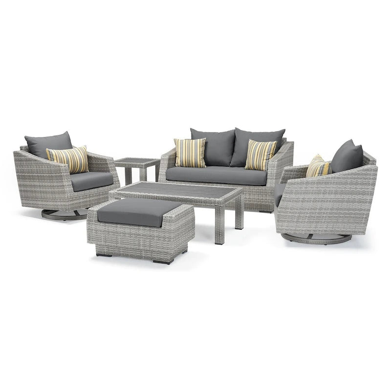 Ensemble de 6 pièces de patio extérieur Cannes Sunbrella : Causeuse et fauteuils club à bascule