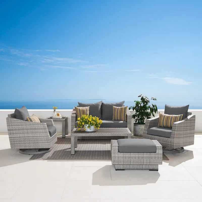 Ensemble de 6 pièces de patio extérieur Cannes Sunbrella : Causeuse et fauteuils club à bascule