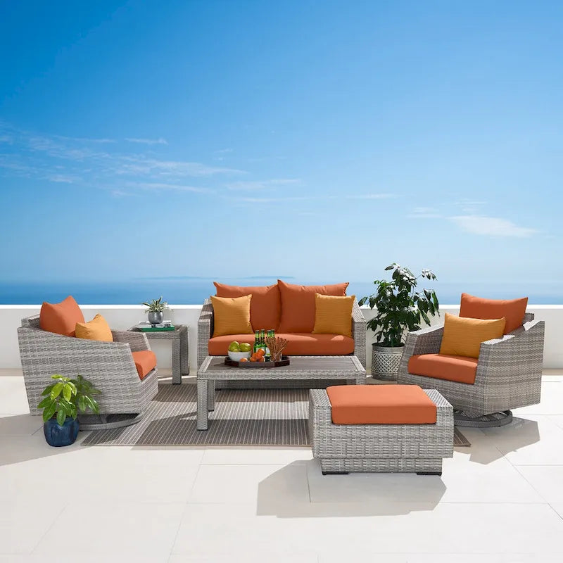 Ensemble de 6 pièces de patio extérieur Cannes Sunbrella : Causeuse et fauteuils club à bascule