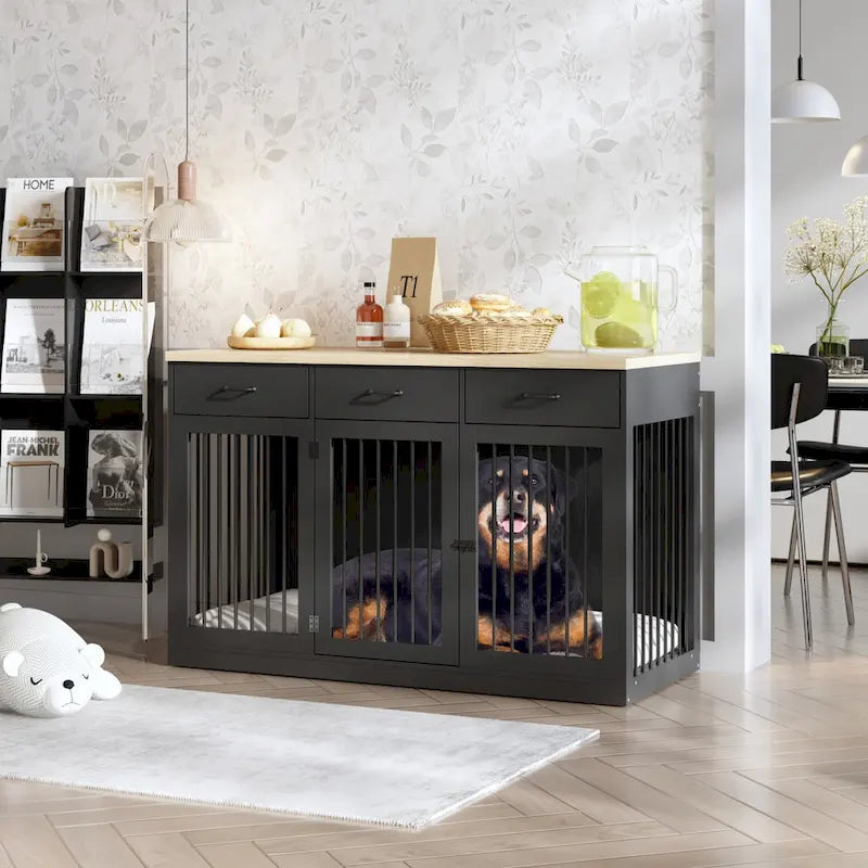 Grande cage pour chien moderne avec tiroirs de rangement - Finition élégante espresso