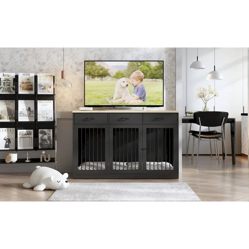 Grande cage pour chien moderne avec tiroirs de rangement - Finition élégante espresso