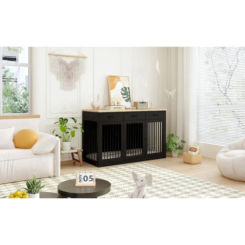 Grande cage pour chien moderne avec tiroirs de rangement - Finition élégante espresso
