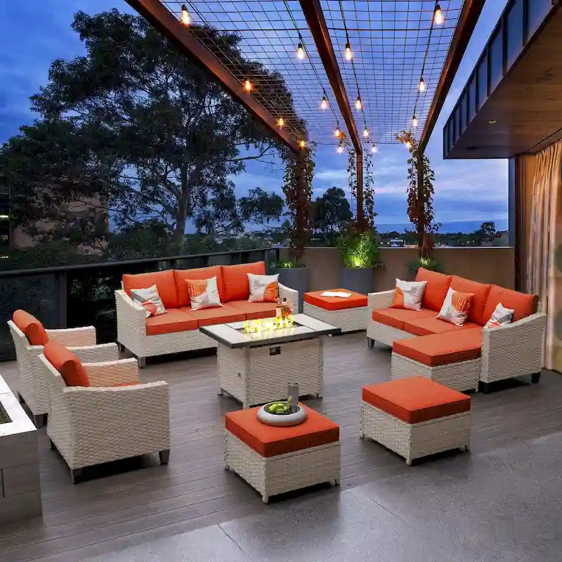 HOOOWOOO Ensemble de 9 pièces de mobilier de jardin en osier avec table brasero