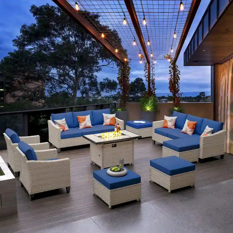 HOOOWOOO Ensemble de 9 pièces de mobilier de jardin en osier avec table brasero