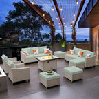 HOOOWOOO Ensemble de 9 pièces de mobilier de jardin en osier avec table brasero