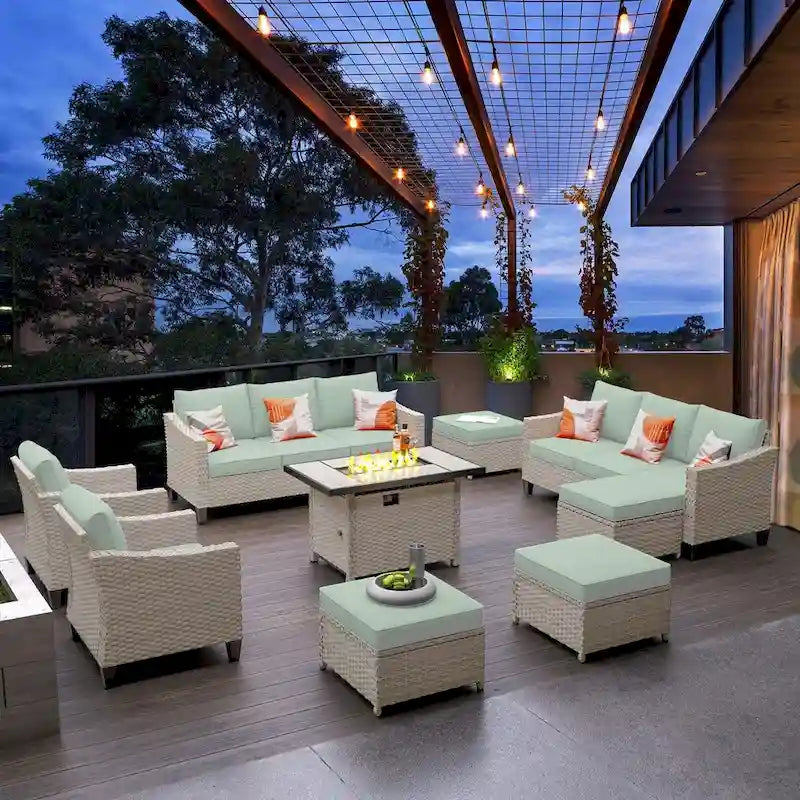 HOOOWOOO Ensemble de 9 pièces de mobilier de jardin en osier avec table brasero