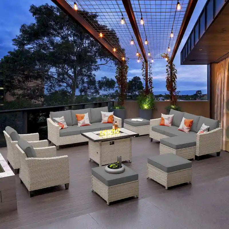 HOOOWOOO Ensemble de 9 pièces de mobilier de jardin en osier avec table brasero