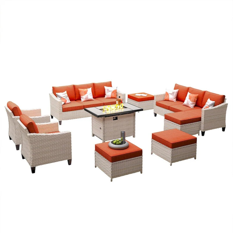 HOOOWOOO Ensemble de 9 pièces de mobilier de jardin en osier avec table brasero
