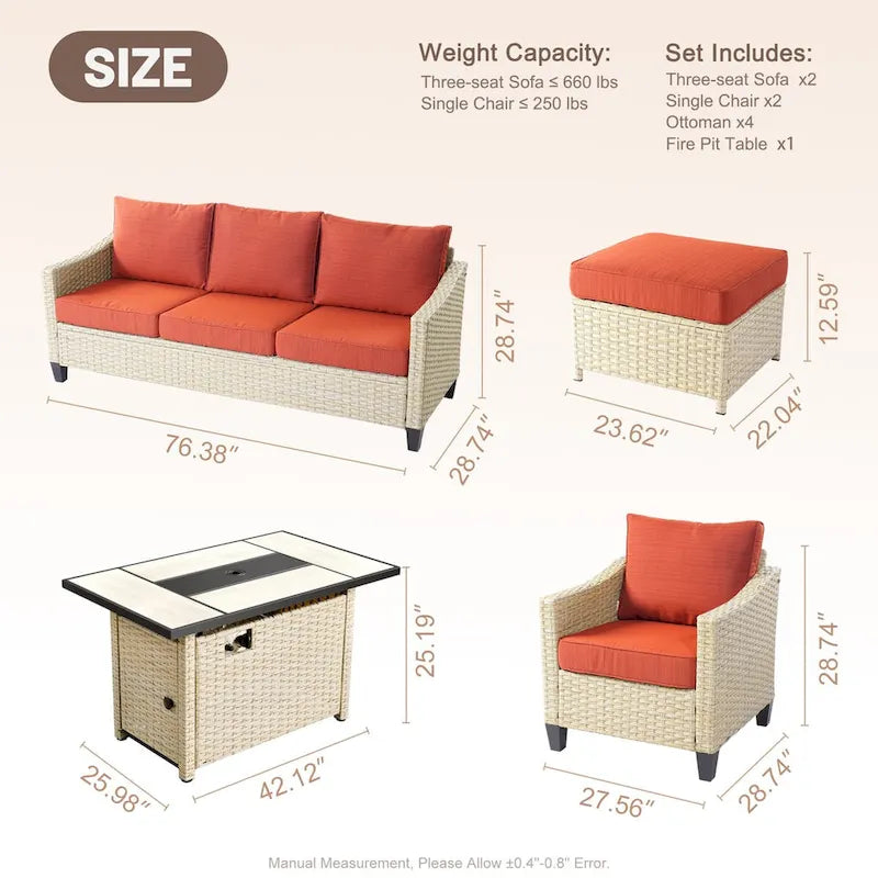 HOOOWOOO Ensemble de 9 pièces de mobilier de jardin en osier avec table brasero