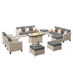 HOOOWOOO Ensemble de 9 pièces de mobilier de jardin en osier avec table brasero