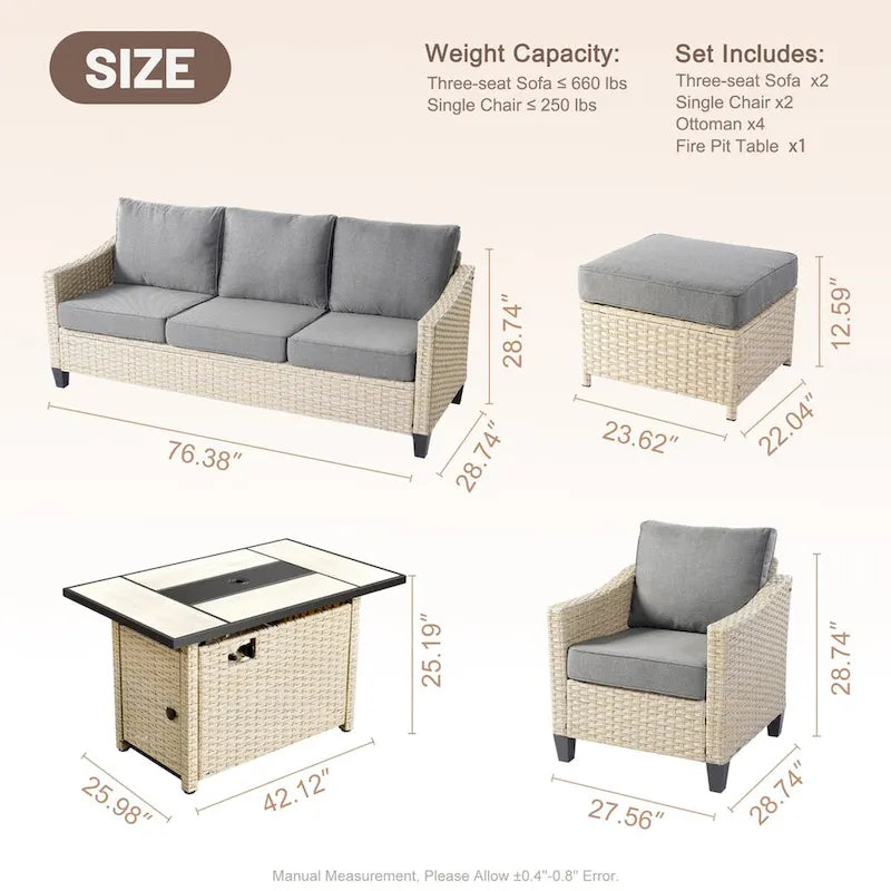 HOOOWOOO Ensemble de 9 pièces de mobilier de jardin en osier avec table brasero