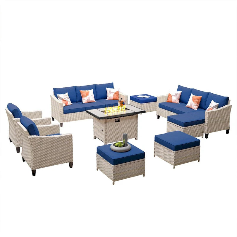 HOOOWOOO Ensemble de 9 pièces de mobilier de jardin en osier avec table brasero