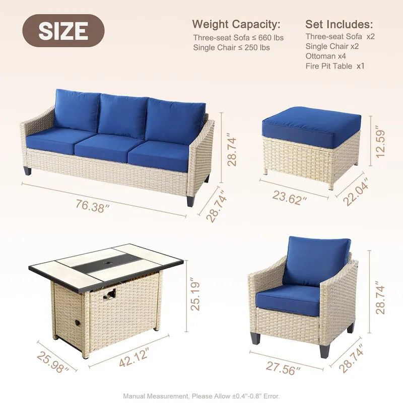 HOOOWOOO Ensemble de 9 pièces de mobilier de jardin en osier avec table brasero