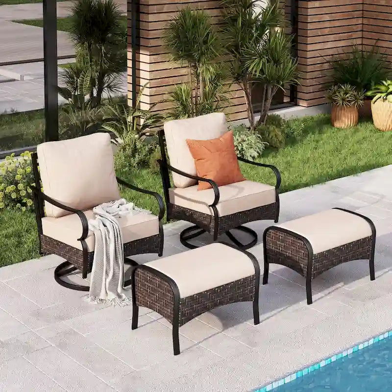 MAISON ARTS 4 Piece Patio Conversation Set, PE Wicker Rattan Outdoor Lounge Chairs with Soft Cushions 2 Ottoman