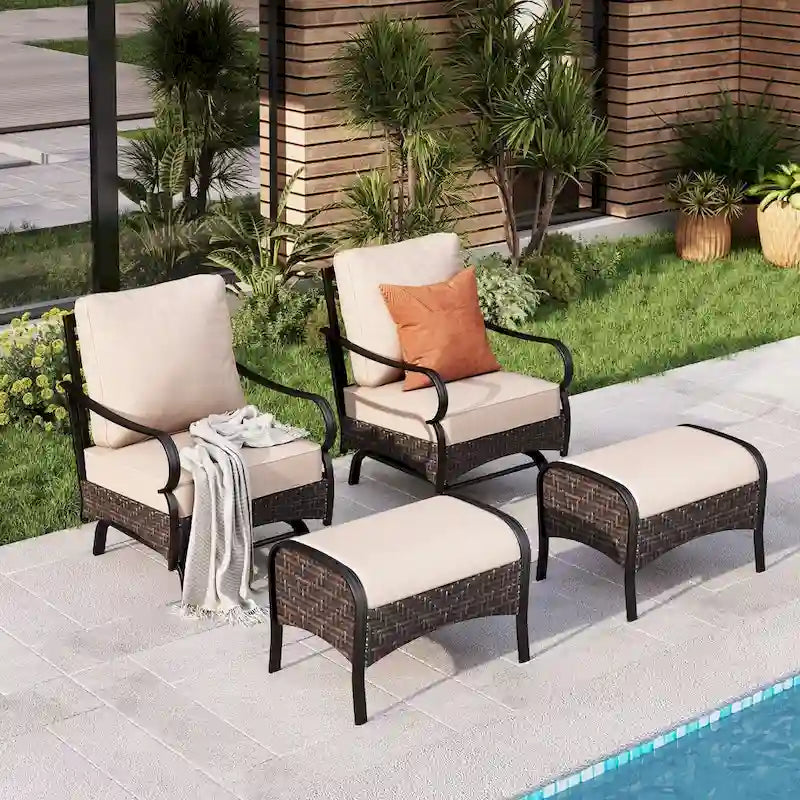 MAISON ARTS Ensemble de conversation 4 pièces pour patio, chaises longues d'extérieur en rotin osier PE avec coussins moelleux et 2 poufs