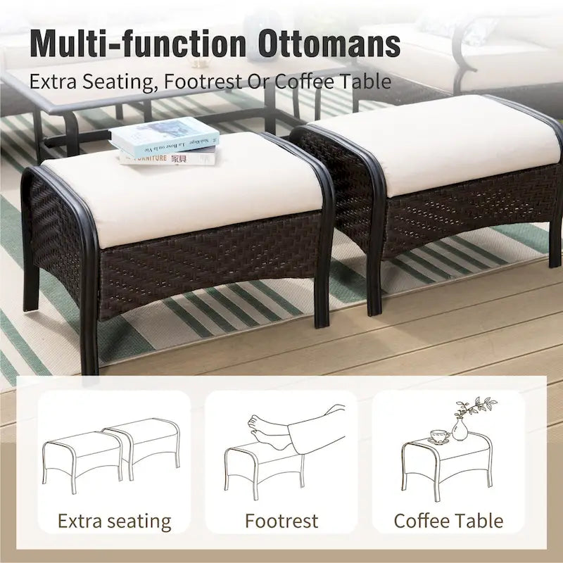 MAISON ARTS Ensemble de conversation 4 pièces pour patio, chaises longues d'extérieur en rotin osier PE avec coussins moelleux et 2 poufs