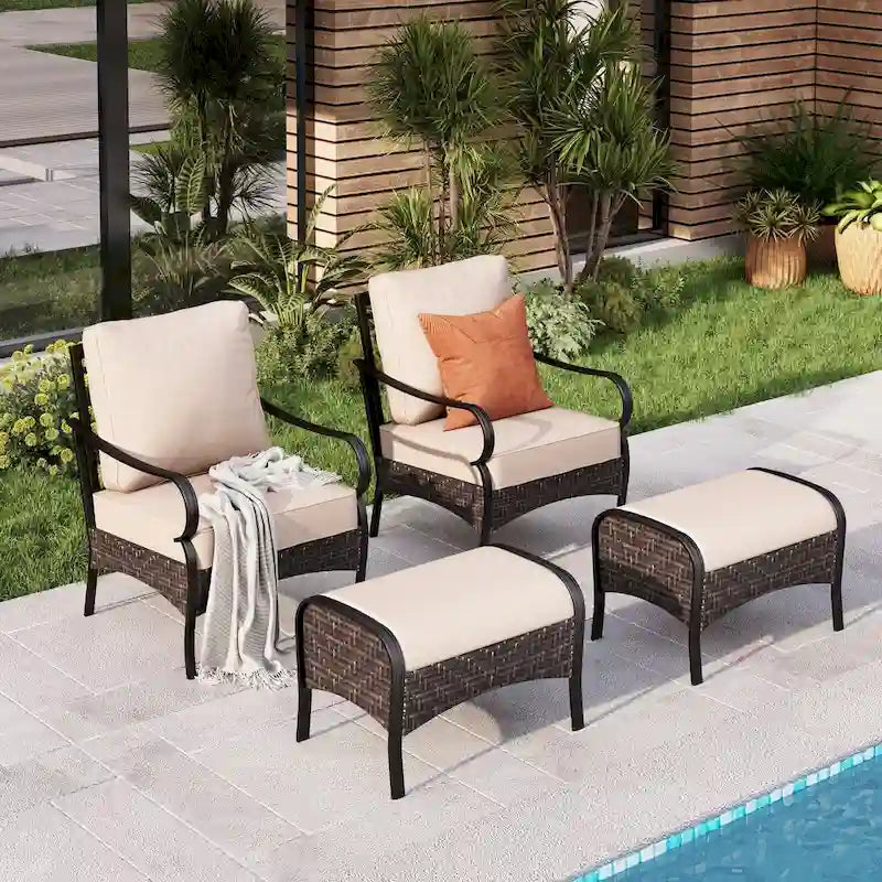 MAISON ARTS Ensemble de conversation 4 pièces pour patio, chaises longues d'extérieur en rotin osier PE avec coussins moelleux et 2 poufs