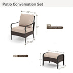 MAISON ARTS Ensemble de conversation 4 pièces pour patio, chaises longues d'extérieur en rotin osier PE avec coussins moelleux et 2 poufs