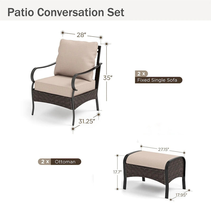 MAISON ARTS Ensemble de conversation 4 pièces pour patio, chaises longues d'extérieur en rotin osier PE avec coussins moelleux et 2 poufs