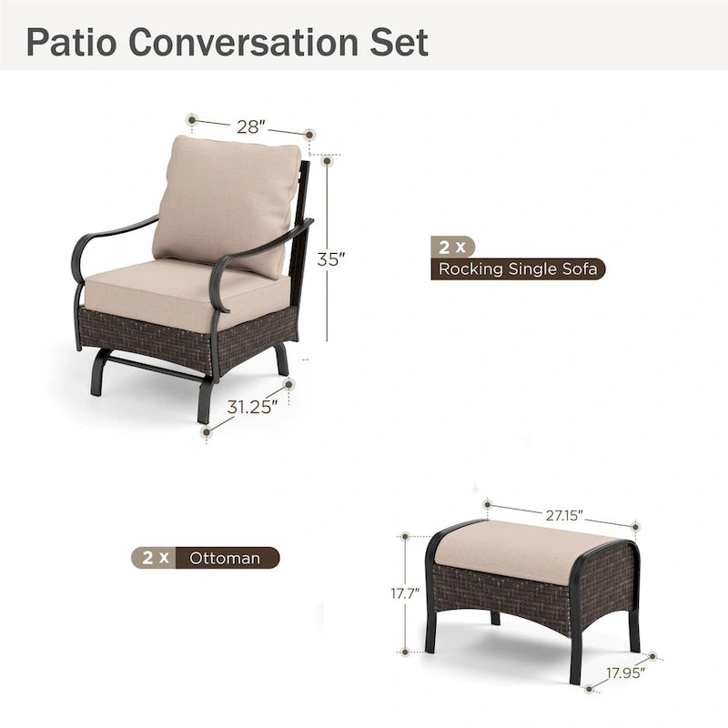 MAISON ARTS Ensemble de conversation 4 pièces pour patio, chaises longues d'extérieur en rotin osier PE avec coussins moelleux et 2 poufs