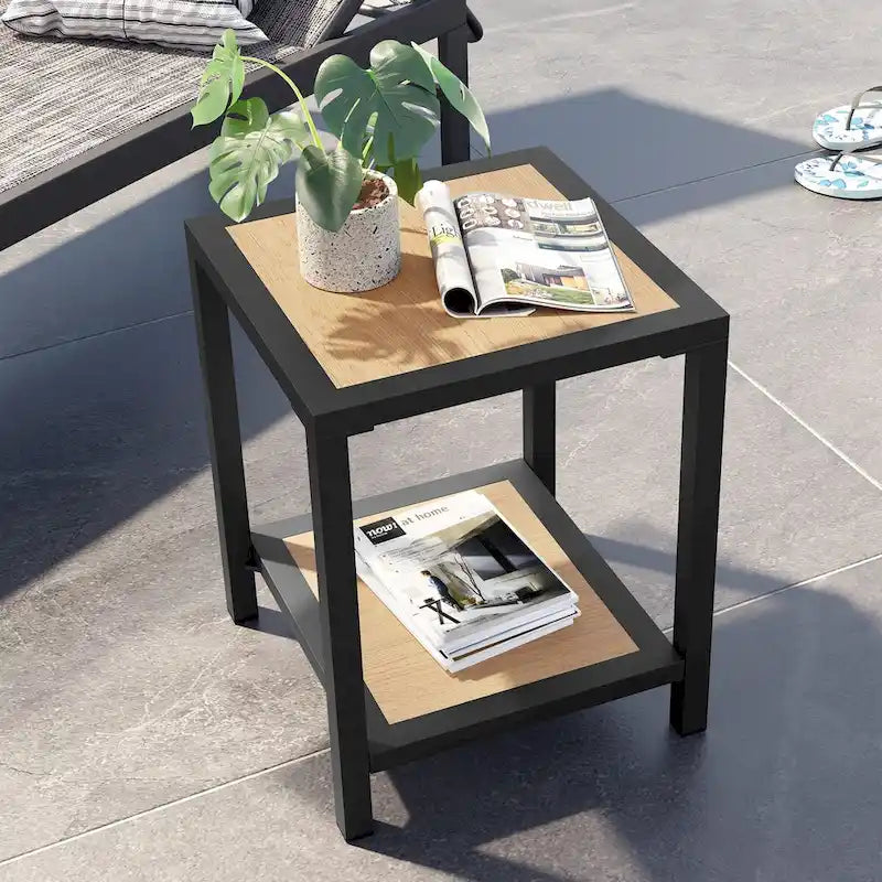 All Weather 2-Tier Patio End Table Outdoor Side Table Aluminum Frame - 15.75 L * 15.75 W * 19.68 H