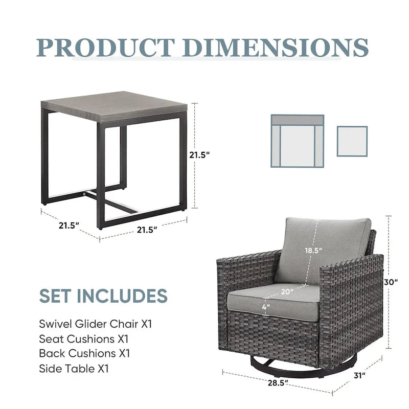 Ensemble de 3 fauteuils pivotants avec table basse - Gris