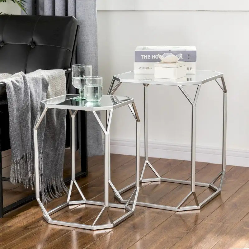 Glitzhome Modern Metal Glass Accent Table Nesting Side Table(Set of 2)
