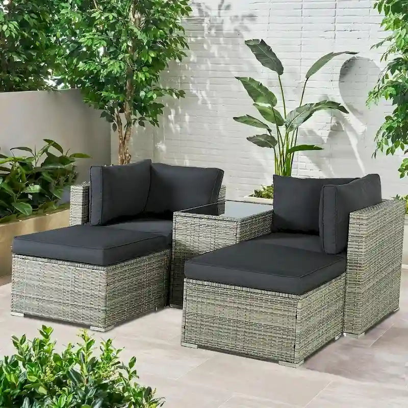 Ensemble sectionnel d'extérieur en osier 5 pièces avec coussins