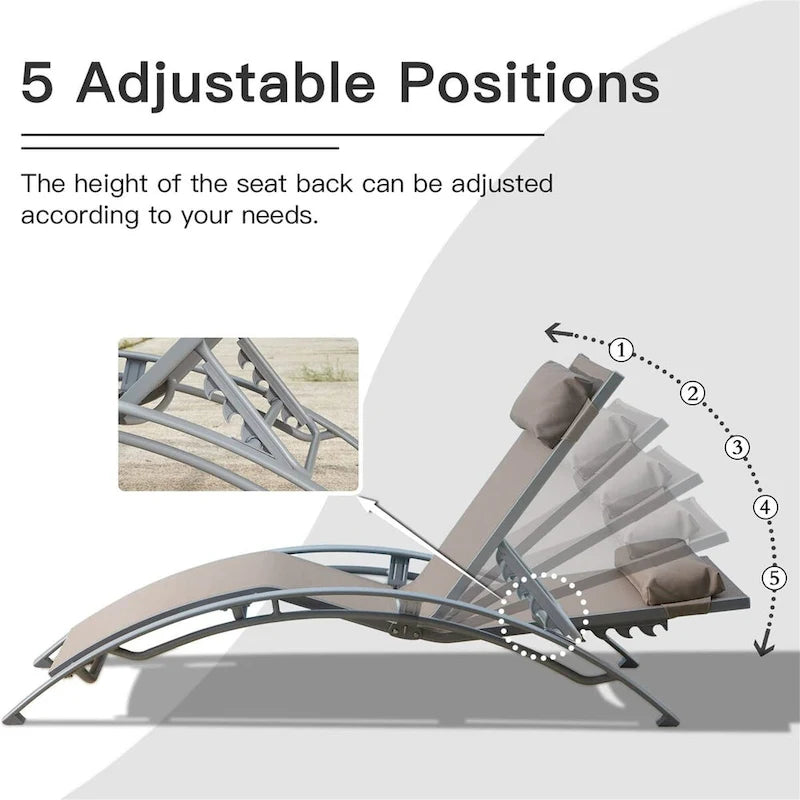 Fauteuil inclinable d'extérieur réglable en aluminium gris, lot de 2 chaises longues avec oreiller - N/A
