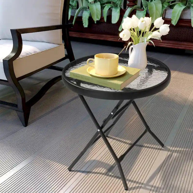Outdoor Patio Folding Round Table Tempered Glass Top
