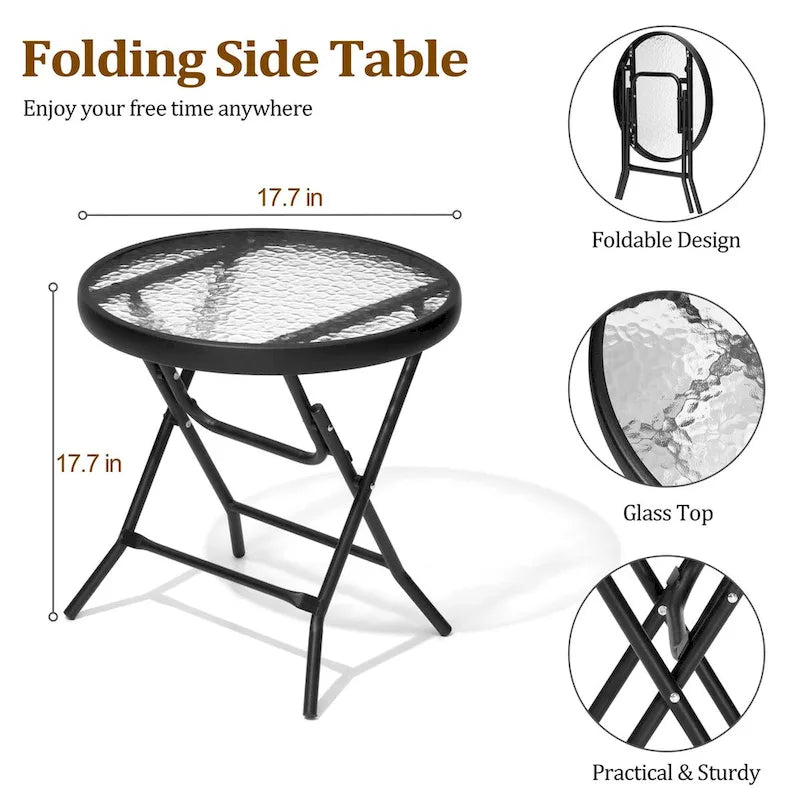 Table ronde pliante de patio extérieur avec plateau en verre trempé