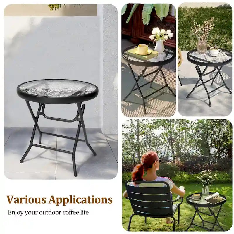 Table ronde pliante de patio extérieur avec plateau en verre trempé