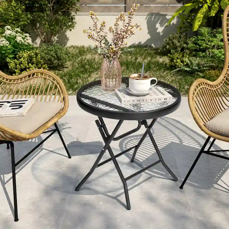 Table ronde pliante de patio extérieur avec plateau en verre trempé