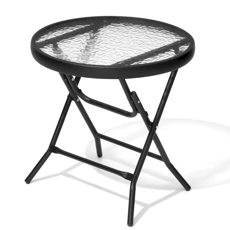 Table ronde pliante de patio extérieur avec plateau en verre trempé