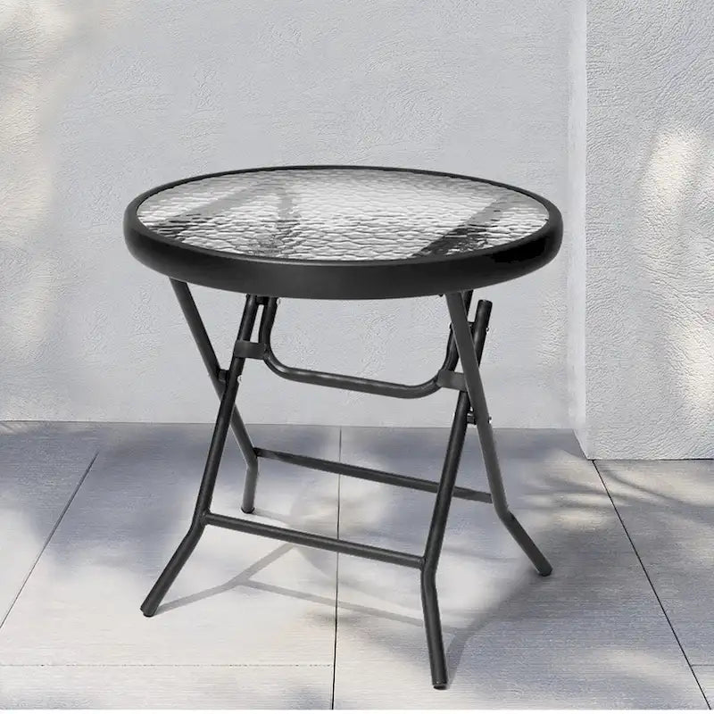 Table ronde pliante de patio extérieur avec plateau en verre trempé