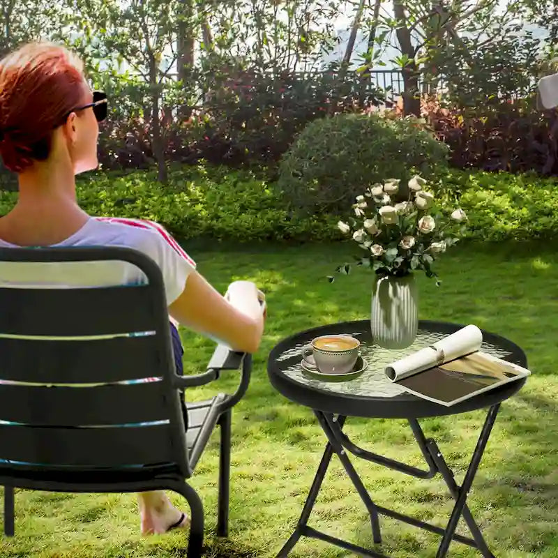 Table ronde pliante de patio extérieur avec plateau en verre trempé