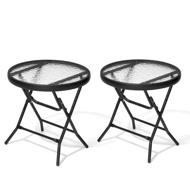 Table ronde pliante de patio extérieur avec plateau en verre trempé